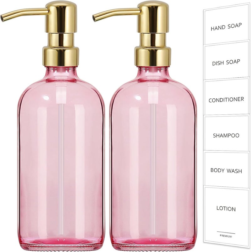Gmisun Pink Soap Dispenser Bathroom, 2 Pack Kitchen Hand and Dish Soap Dispensers Set, 17 Fl Oz Pink Glass Soap Dispenser with Gold Pump, Refillable Modern Farmhouse Liquid Soap Pump Bottles - Image 1